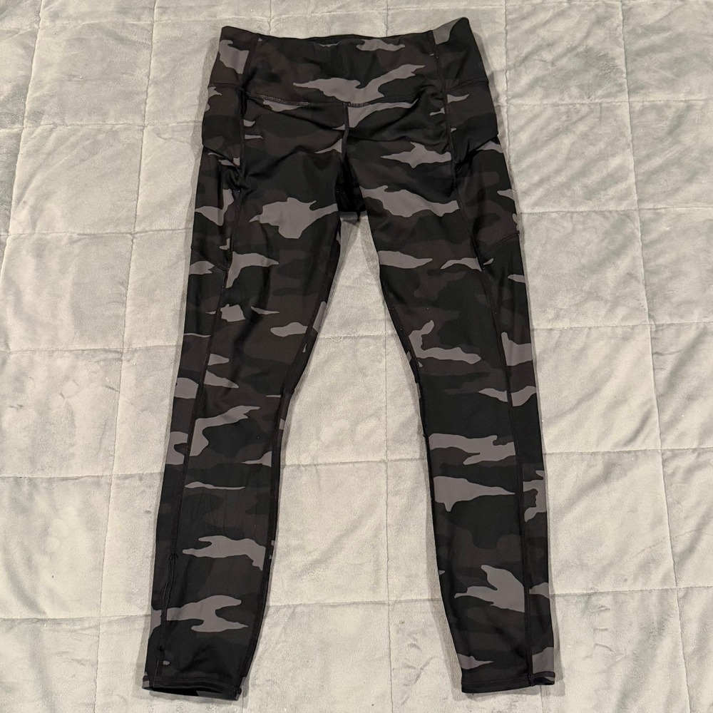 Athleta Camo Leggings Womens Small Black Gray‎ High Rise Side Pocket Activewear - Picture 8 of 8